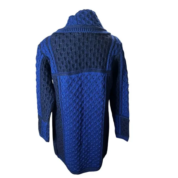 Aran Crafts Ireland 100% Merino Wool Blue Cable Knit Cardigan Jacket M - Image 4