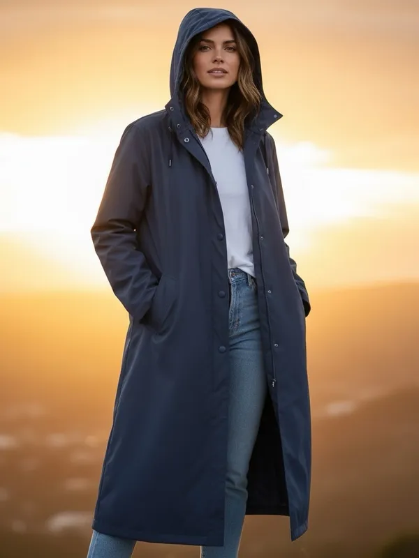 London Fog Womens 10 Reg Navy Blue Hooded Long Raincoat Button Front Trench Coat - Image 3