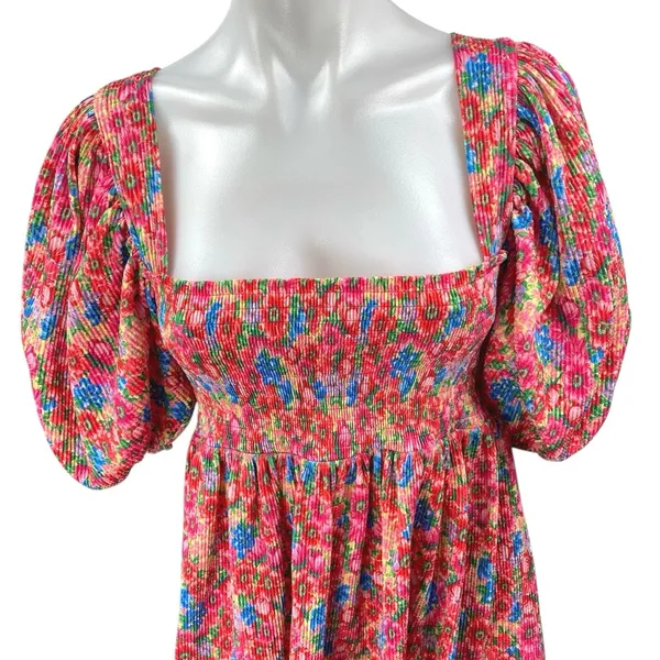 Zara Multicolor Floral Puff Sleeve Smocked Square Neck Mini Fit & Flare Dress L - Image 3