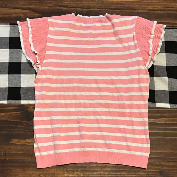 Vine & Love pink stripe short ruffle sleeve light weight sweater medium - Image 4