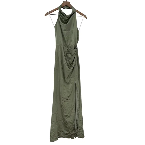 Lovely Noor Cowl Halter Open-Back Satin Maxi Dres‎ In Sage Size XS - Image 3