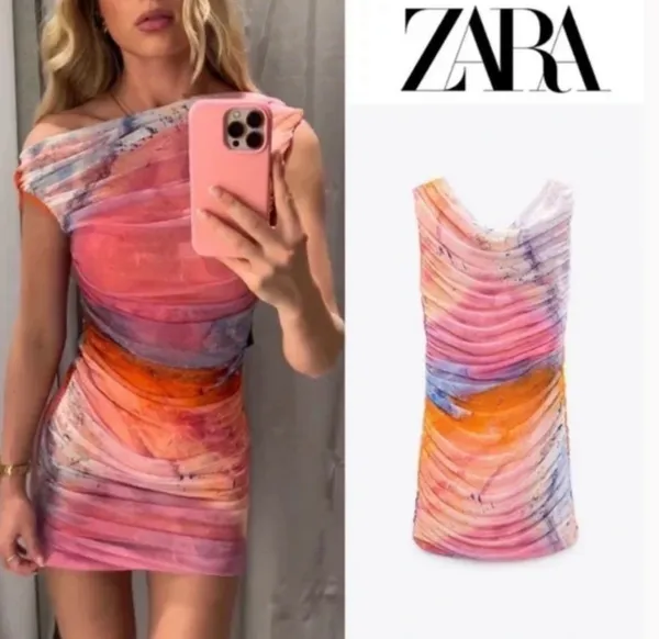 ZARA dress mini drapped tulle bleach effect summer party night out - Image 2