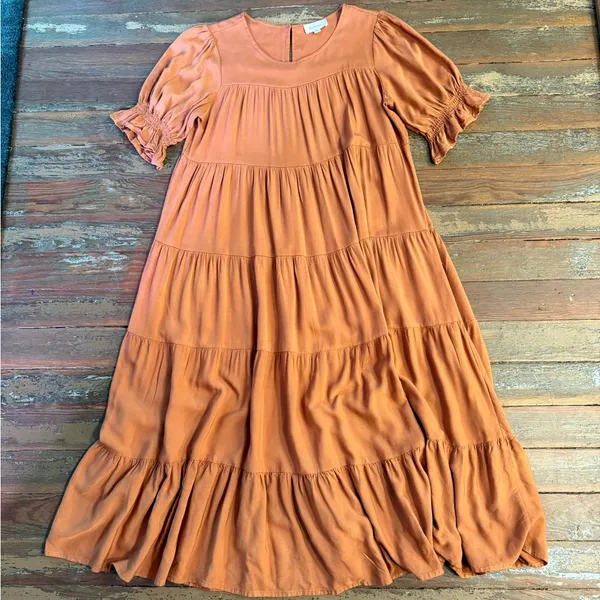 Bohme Bohemian Danae Tiered Camel Brown Midi Dress Sz Small 🍄 - Image 7