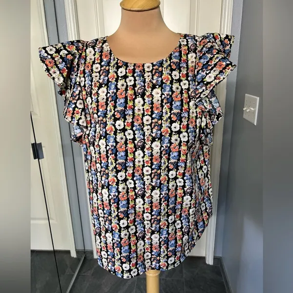 J Crew Mercantile‎ Women's Floral Ruffle Sleeve Top Size 12 Black Multi - Image 3