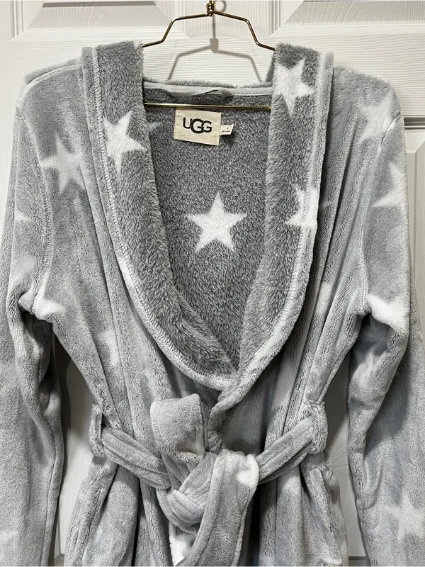 UGG Miranda Robe Grey/White Stars Hooded Cozy Fleece Plush Long Sleeve - Image 9