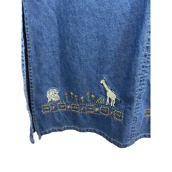 VTG 90s M.P.H. Blues Denim Jumper Dress L Embroidered Animals Safari Pockets NWT - Image 5