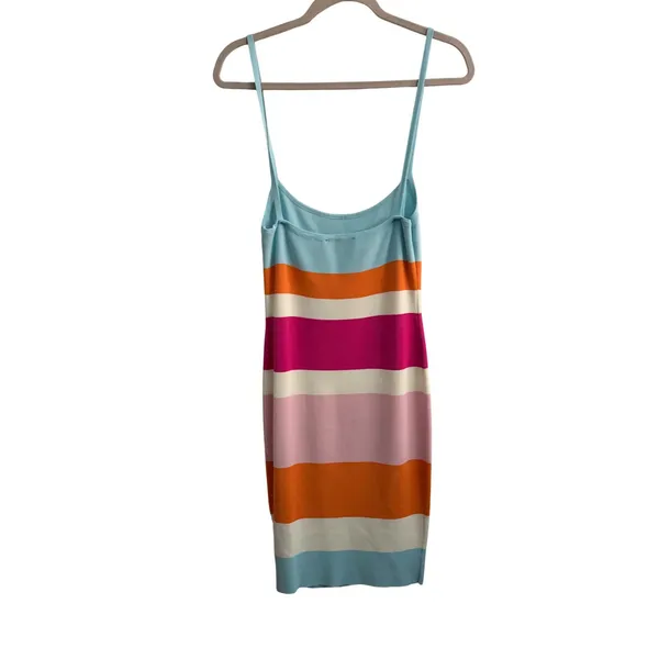 AKIRA Striped Bodycon Mini‎ Dress Light Blue Orange Pink White Women's Large - Image 3