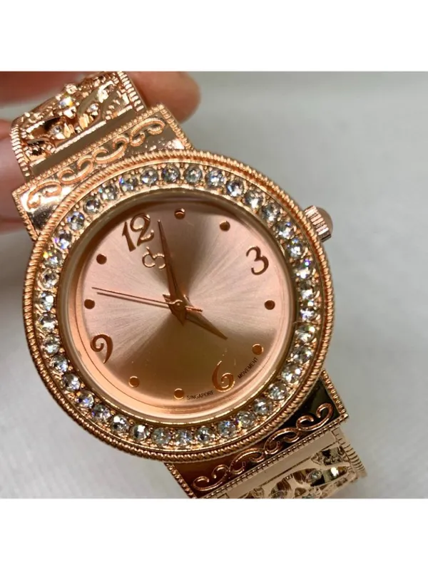 Women’s rose gold tone cuff bracelet watch 32mm rhinestones bracelet 7” running - Image 2