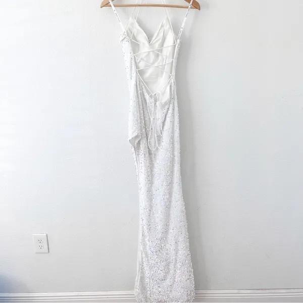 Sophia Thomas White Sequin Open Back Cut Out Prom Bridal Glam Maxi Gown Dress - Image 11