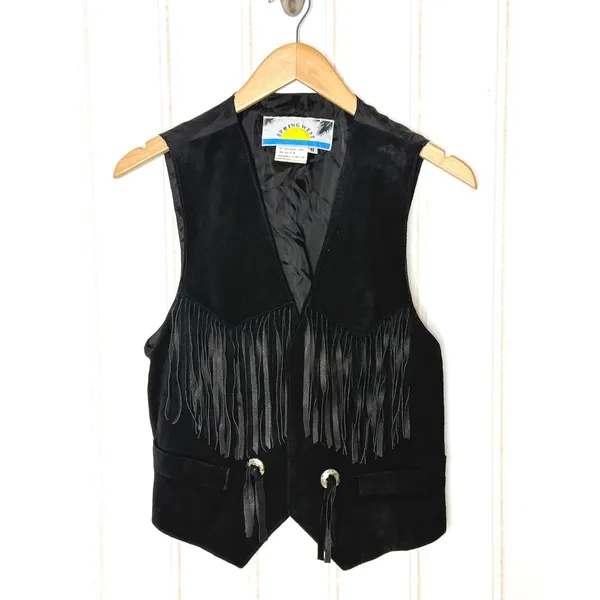 Spring West Black Genuine Leather Suede Fringe Western Vest Conchos Womens M - Image 2
