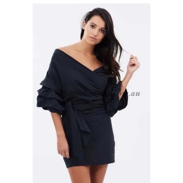 Lioness Cha Cha Wrap Mini Dress Women's M Black Off Shoulder Cocktail Party - Image 3
