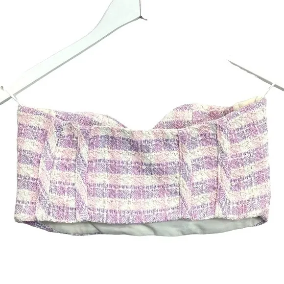 Zara Bustier Top Tweed Plaid Cropped Strapless Pink White Medium‎ NEW - Image 6