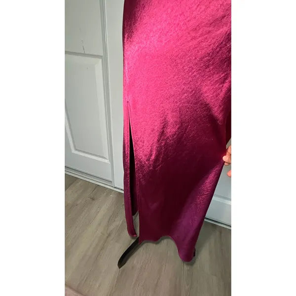 Lioness Satin Maxi Dress L Magenta Pink Cowl Neck Side Slit‎ Open Back Slip - Image 3