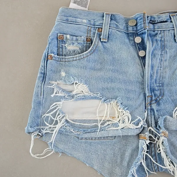 Levi's 501 Light Blue Distressed Jean Shorts Size W24 - Image 3