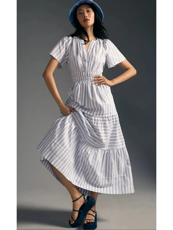 NWT Anthropologie Somerset Maxi in Sky Blue White Striped Cotton Tier Dress S - Image 2