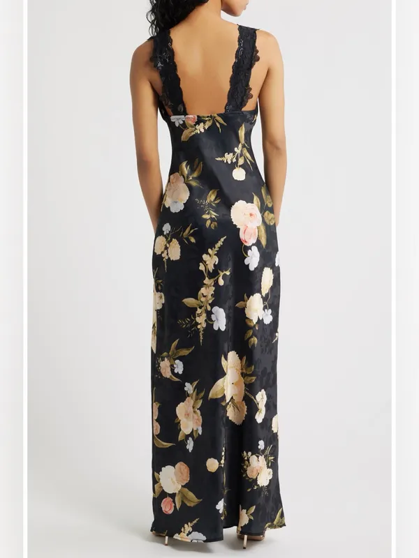 Lulus Judith Floral Jacquard Satin Lace Maxi Slip Dress Black XS NWT $110 - Image 2
