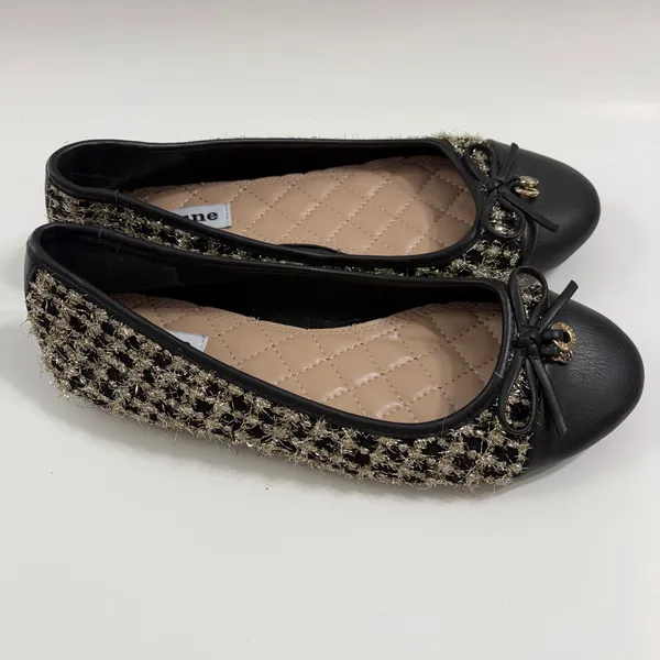 Dune London Hallo Ballet Flats 8 Black Gold Tweed Metallic Bow Logo Charm - Image 4
