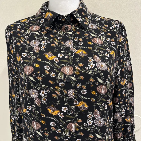 Natural Life Moody Floral Mini Shirt Dress Black Long Sleeve Rayon Cottage Med‎ - Image 3