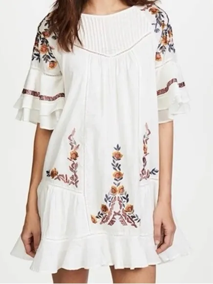 Free People Tunic Dress Womens XS Ivory NEW Embroidered Boho Ruffle - Image 3