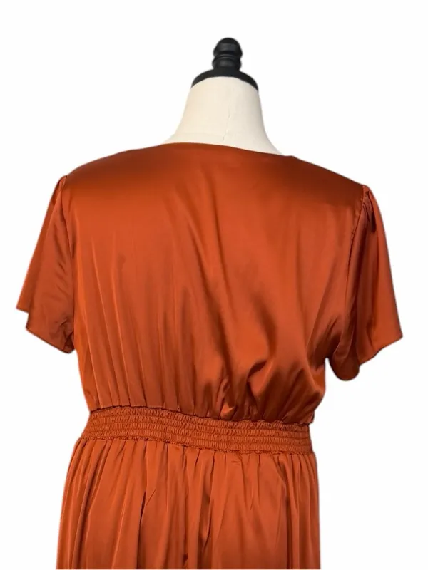 Baltic Born Poppy Satin Midi Dress Size XXL Rust Tie Front Stretch Wedding Guest - Image 9