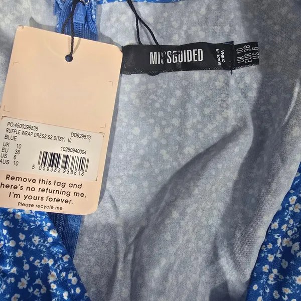 Missguided NWT Blue Floral Ruffle Faux Wrap‎ Mini Dress Puff Sleeve Womens 6 - Image 2