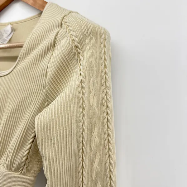 OFFLINE by Aerie Small Sand Ribbed Seamless Square Neck‎ Crop Top Braided Sleeve - Image 2