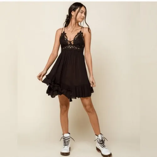 Free People -1211 Women's One Adella‎ Slip Lace Dress in Black Size Small - Image 9