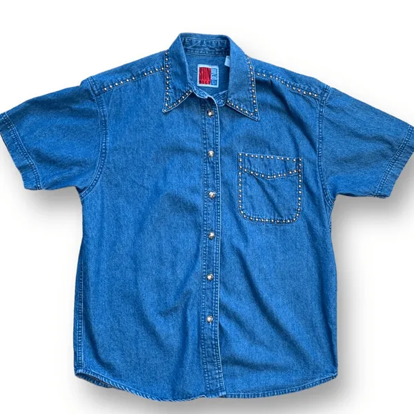 Vintage Studded Denim Western Shirt Medium Blue 90s Boho Festival‎ Cowgirl Top - Image 9