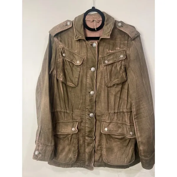 Free People Washed Olive Distressed Surplus Utility Jacket Pink Faded Small - Image 5