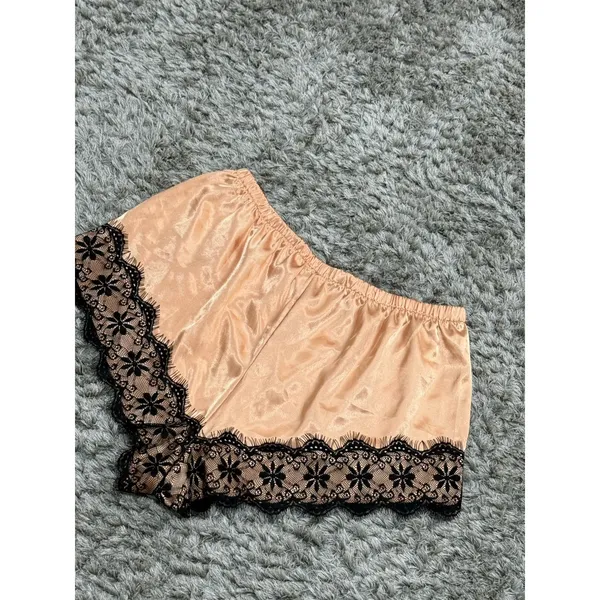 Women’s Satin Tap Shorts Black Lace Trim Lounge Sleep Pajama Pants Beige Size XL - Image 6
