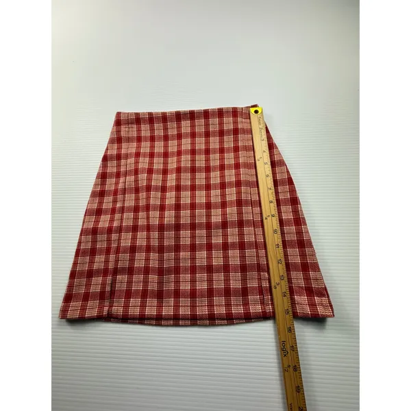 Brandy‎ Melville Red Plaid Mini Skirt High Waisted A-Line Front Slit size s - Image 2