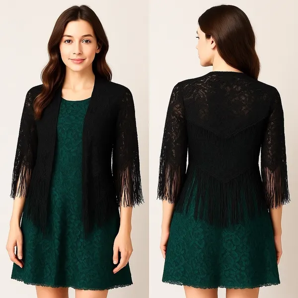 NWT Free People x Do Everything In Love Black Lace Fringe Kimono‎ Shawl Cardigan - Image 2