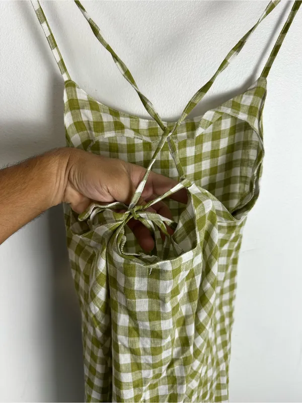 VITAMIN A Mari Gingham Linen Cover-Up Maxi Dress Ecolinen Avocado Gingham Sz S - Image 6