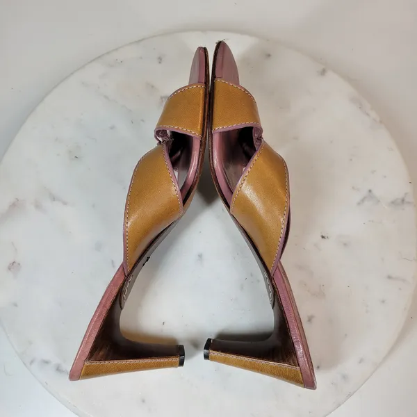 Cole Haan Womens Leather Slip On Heels 7B Tan Mauve Cross Straps Open Toe - Image 8