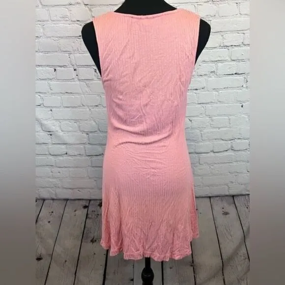 Roxy Pink Peach Dream Do‎ Ribbed Wood Button Front Mini Dress V Neck small - Image 2