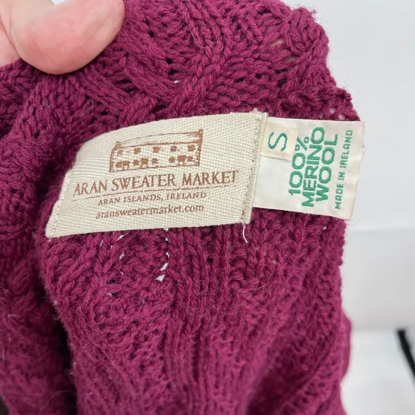 Aran Sweater Knit Merino Wool Burgundy Duster‎ Cardigan Sweater Size S Fisherman - Image 6