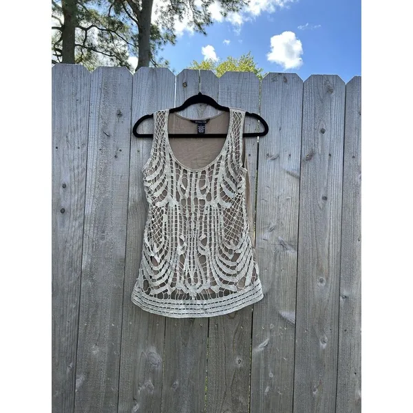 89th & Madison Lace Tank Metallic Thread Layer Crochet Sz Large Tank‎ Gold Fairy - Image 2