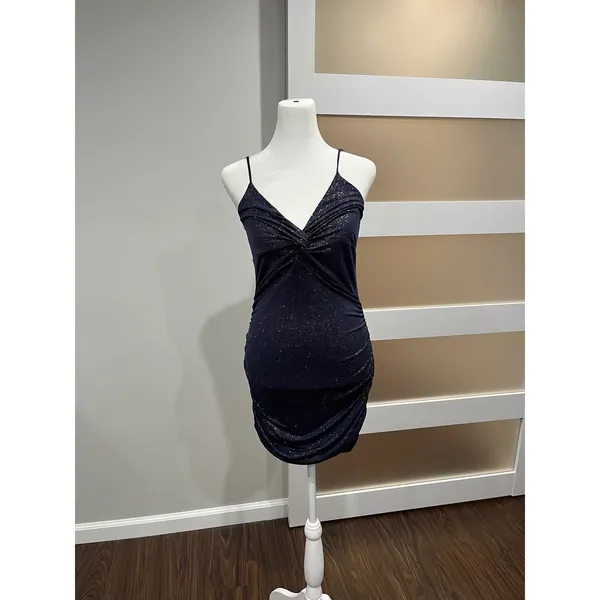 Lucy in the Sky Navy Blue‎ Sparkle Ruched Twist Front Bodycon Mini Dress Medium - Image 3