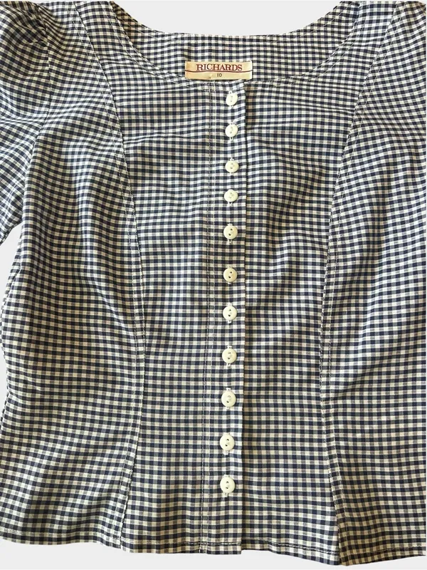 Vintage Richards Navy Gingham Puff Sleeve Button Blouse UK 10 US 6 - Image 3