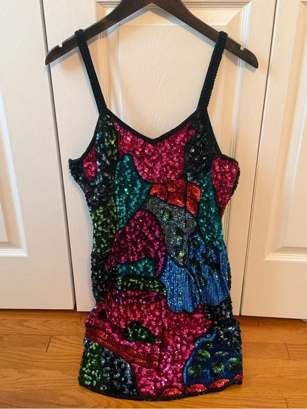 Vintage 100% Silk Sequin Colorblock Mini Dress - Image 2