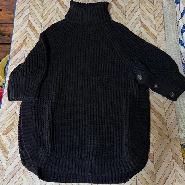J.Crew Black Turtleneck Button Chunky Knit Poncho Sweater XS Roll‎ Neck Cotton - Image 2