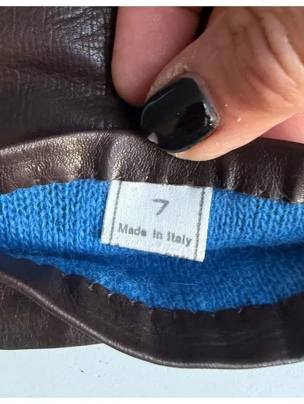 Vintage Long Brown Leather Gloves with Blue Knit Lining Size 7 - Image 4