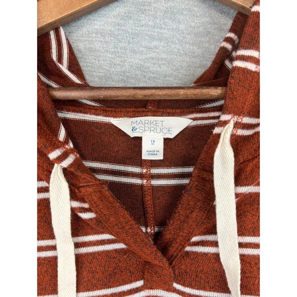 Market & Spruce Striped Hoodie Rust Orange White Pullover 1X Pocket Curved Hem - Image 2