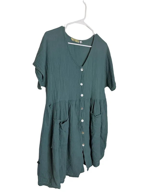 ✨Camille & Co Made In Italy Cotton Gauze Babydoll Dress‎ Size M Teal Boho✨ - Image 6