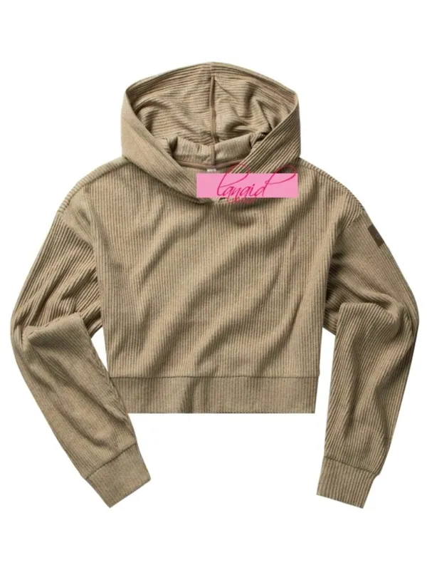 Alo Muse Hoodie Gravel Heather Tan Ribbed Stretchy Sweatshirt Sweater Pullover L - Image 12