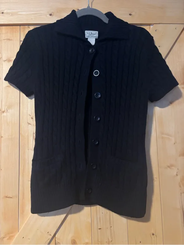 L.L. Bean Black Cable Knit Short Sleeve 100% Cotton Cardigan‎ Sweater Small - Image 4