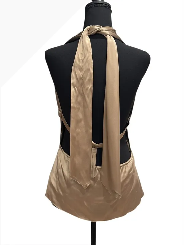 Walter Beige Satin Halter Top with Tie Back 100% Silk - Image 3
