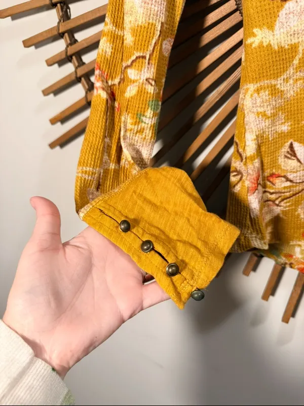Anthropologie Yellow Floral Waffle Henley Long-Sleeve Top Cottagecore Boho - Image 5