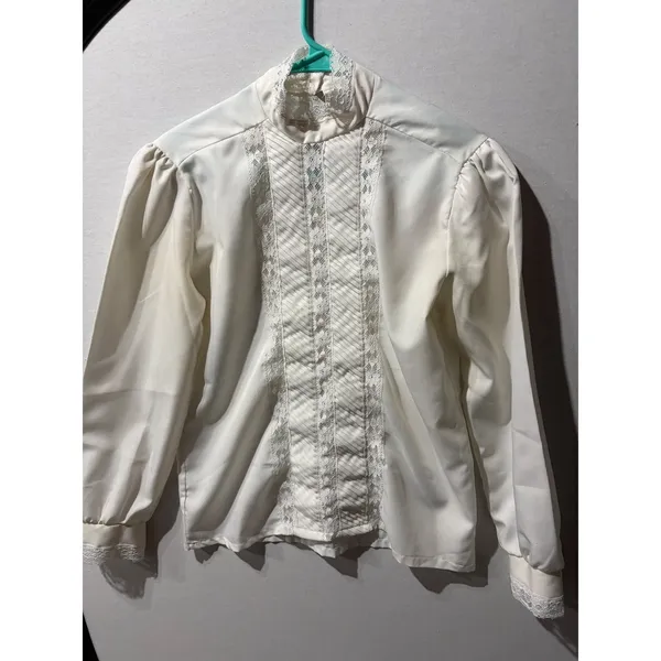 Rhapsody Womens Cream Lace Trim Mock Neck Puff Sleeve Blouse Top Made in‎ USA - Image 2