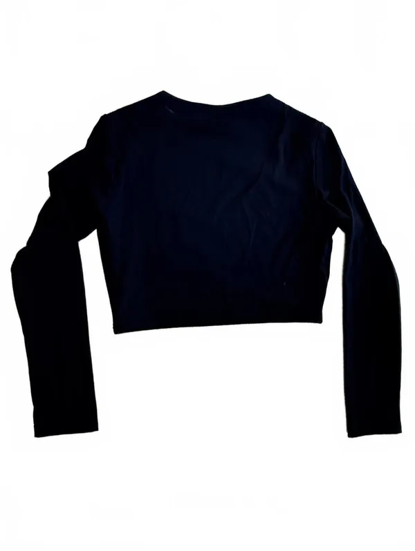Black Ribbed Knit Long Sleeve Crop Top Crew Neck Slim Fit Minimalist Basic S - Image 2